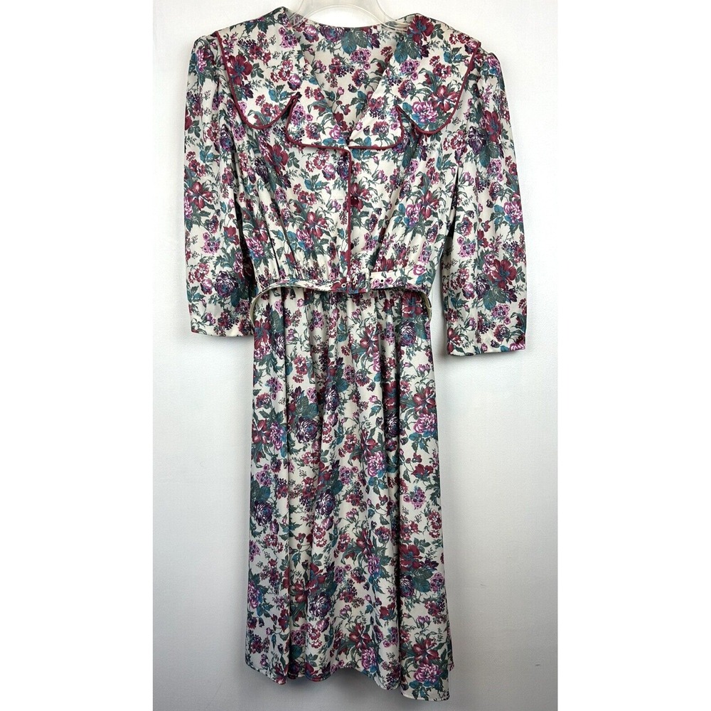 Vintage Floral Dress Womens 8 Belt Cottagecore 80s Collar Secretary Read
